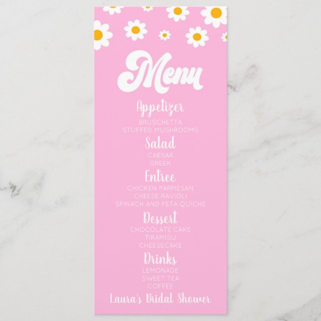 Pink Retro Daisy Flower Bridal Shower Food Menu (Front)