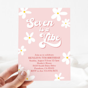 Pink Retro Daisy Seven Is A Vibe Birthday  Invitation