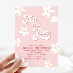 Pink Retro Daisy Ten Is A Vibe Birthday  Invitation