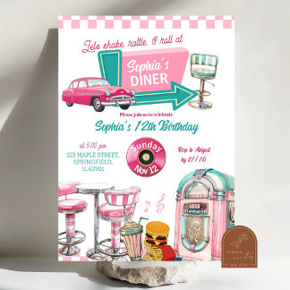Pink Retro Diner Girl Birthday Party Invitation