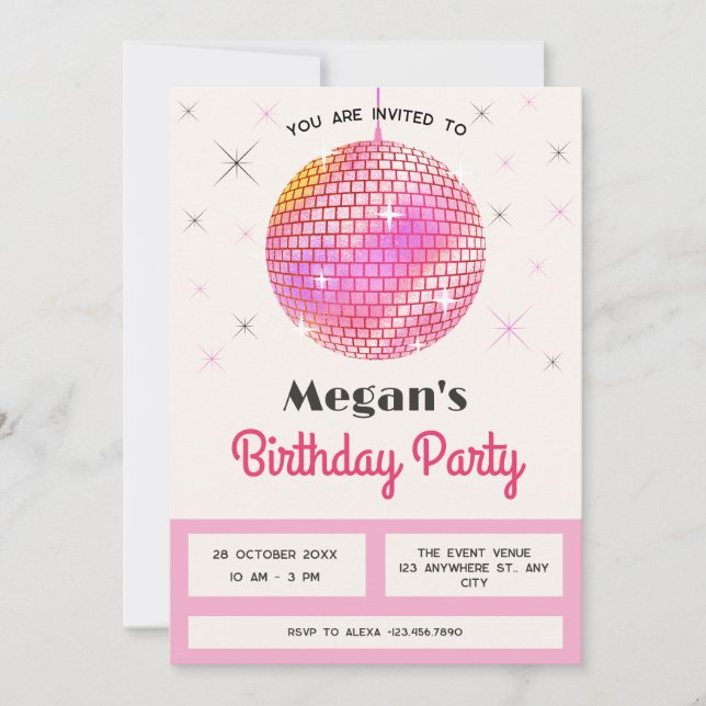 Pink retro disco lights invitation (Front)