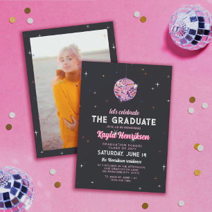 Pink Retro Discoball & Flares Graduation Party Invitation