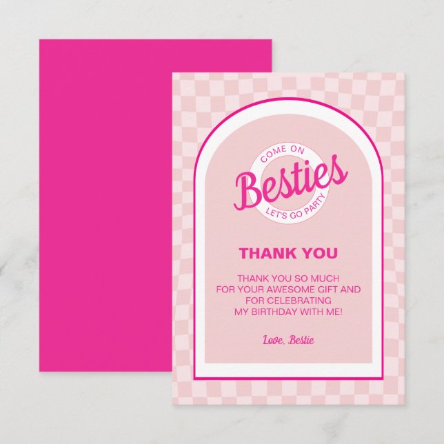 Pink Retro Doll Lets Go Party Birthday  Thank You Card (Front/Back)