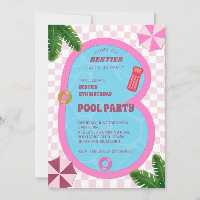 Pink Retro Doll Pool Birthday Party Invitation (Front)