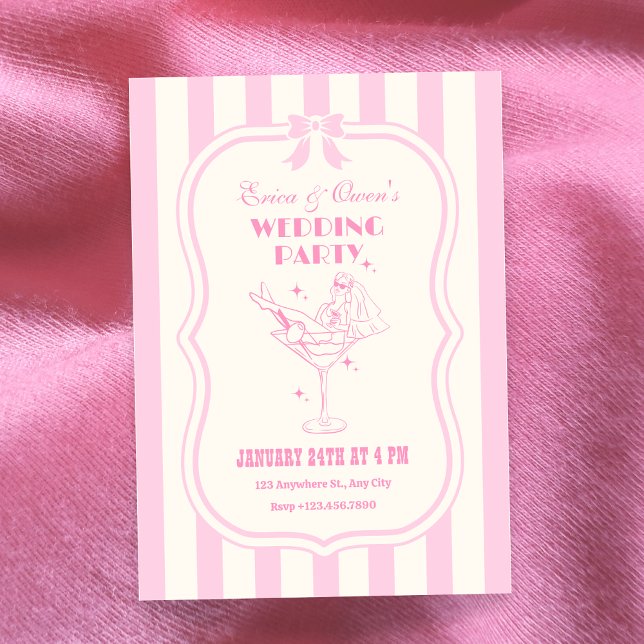 Pink retro feminine coquette bow wedding party invitation (Creator Uploaded)
