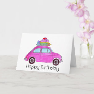 Pink Retro Fiat 500 Birthday Card