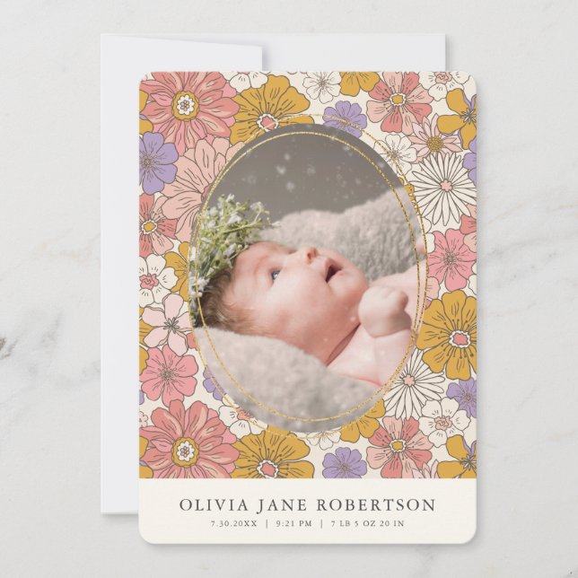 Pink Retro Floral Girl Photo Birth Announcement (Front)