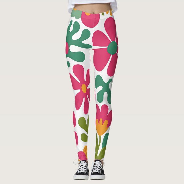 Pink Retro Floral Groovy Seamless Pattern Leggings (Front)