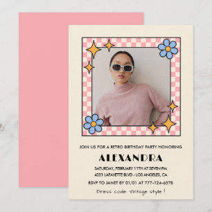 Pink Retro Floral Photo 34th birthday invitation