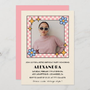 Pink Retro Floral Photo 39th birthday invitation 