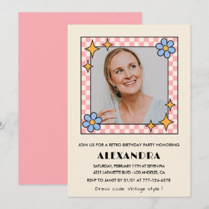 Pink Retro Floral Photo 52nd birthday invitation 