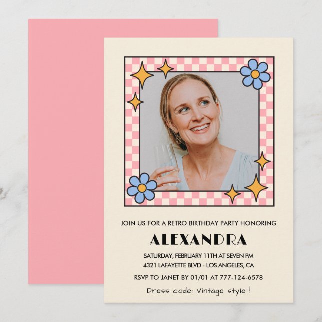 Pink Retro Floral Photo 69th birthday invitation  (Front/Back)