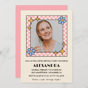 Pink Retro Floral Photo 69th birthday invitation 