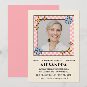 Pink Retro Floral Photo 82nd birthday invitation 