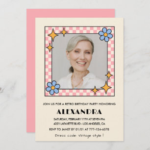 Pink Retro Floral Photo 88th birthday invitation 