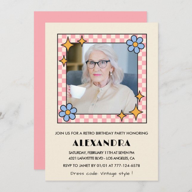 Pink Retro Floral Photo 96th birthday invitation  (Front/Back)
