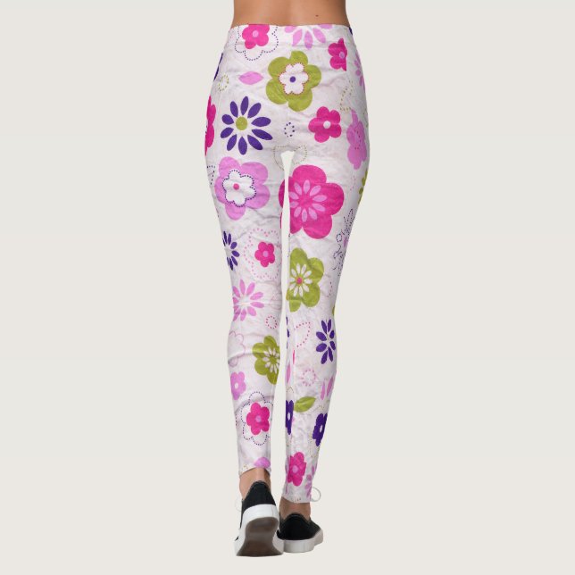 Pink Retro Flowers Leggings (Back)