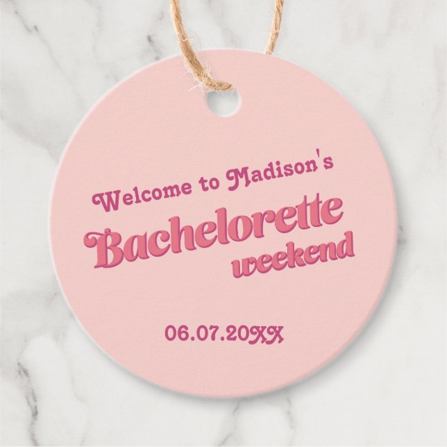 Pink Retro Font Bachelorette Favour Tags (Front)