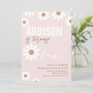 Pink Retro Girls Daisy 1st Birthday Invitation