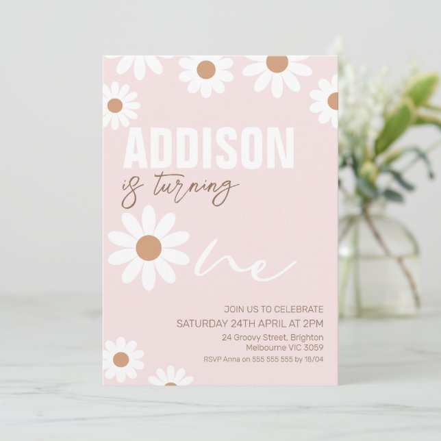 Pink Retro Girls Daisy 1st Birthday Invitation (Standing Front)