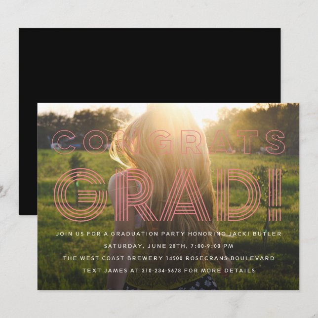 Pink Retro Grad Graduation Photo Invitation (Front/Back)