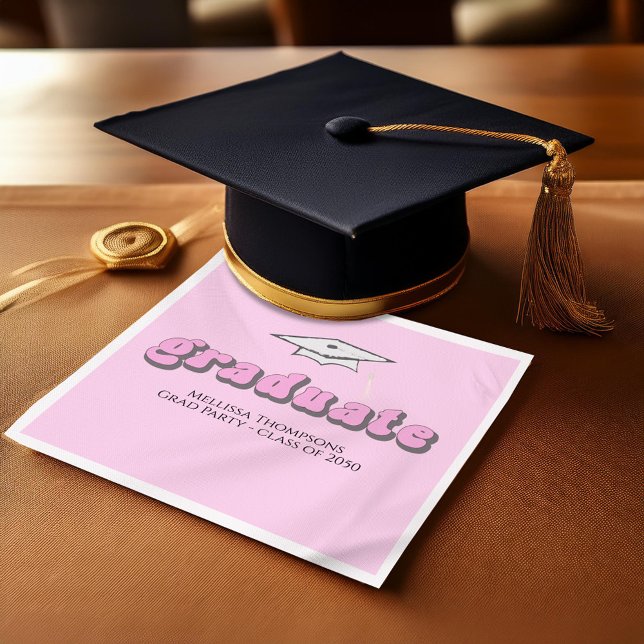 Pink Retro Graduation Party Custom Cocktail Napkin (Pink retro graduation cocktail napkin)
