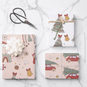 Pink Retro Groovy Car Christmas Tree Wrapping Paper Sheet
