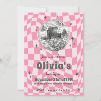 Pink Retro Groovy Coquette Disco Ball Birthday Invitation