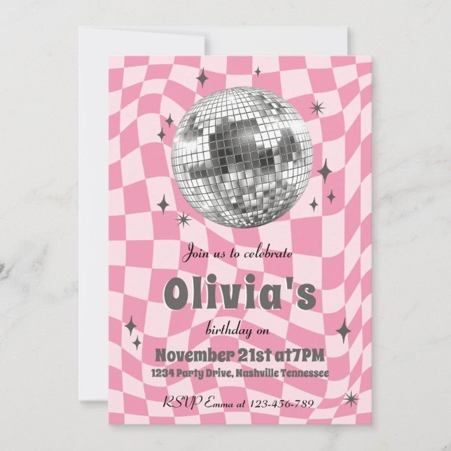 Pink Retro Groovy Coquette Disco Ball Birthday Invitation (Front)