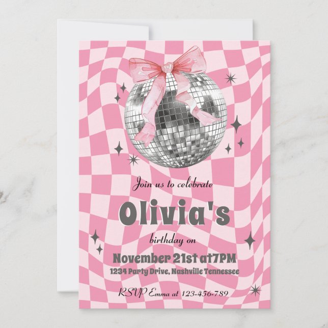 Pink Retro Groovy Coquette Disco Ball Birthday Invitation (Front)