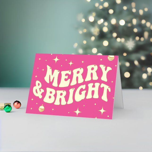 Pink Retro Groovy Merry & Bright Christmas Foil Holiday Card (Holiday In Situ 2)