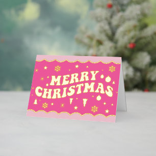 Pink Retro Groovy Merry Christmas Foil Holiday Card
