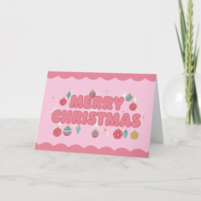 Pink Retro Groovy Merry Christmas Holiday Card (Front)
