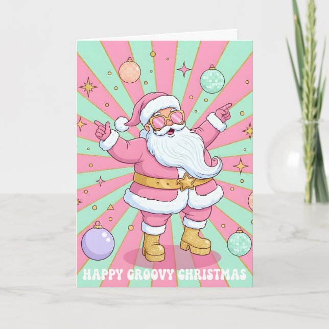 Pink Retro Groovy Santa Claus Merry Christmas Holiday Card (Front)