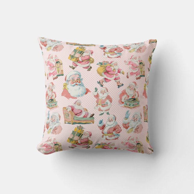 Pink Retro Groovy Santa Claus Themed Christmas Cushion (Front)