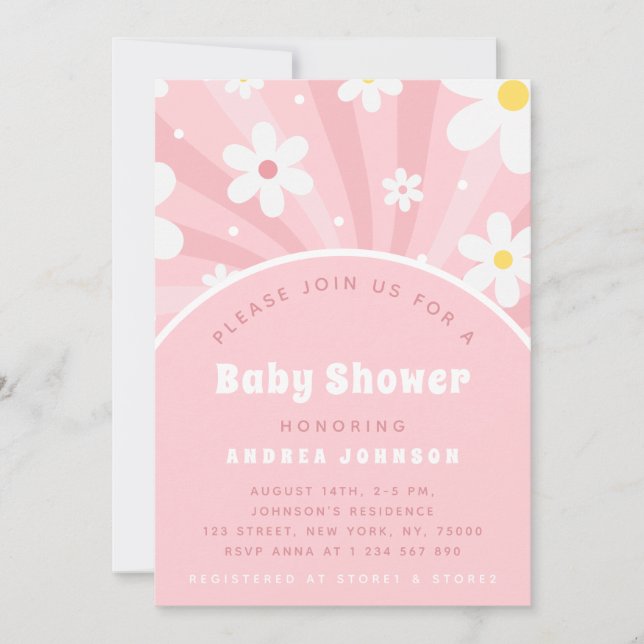 Pink Retro Groovy Sunshine Floral Girl Baby Shower Invitation (Front)