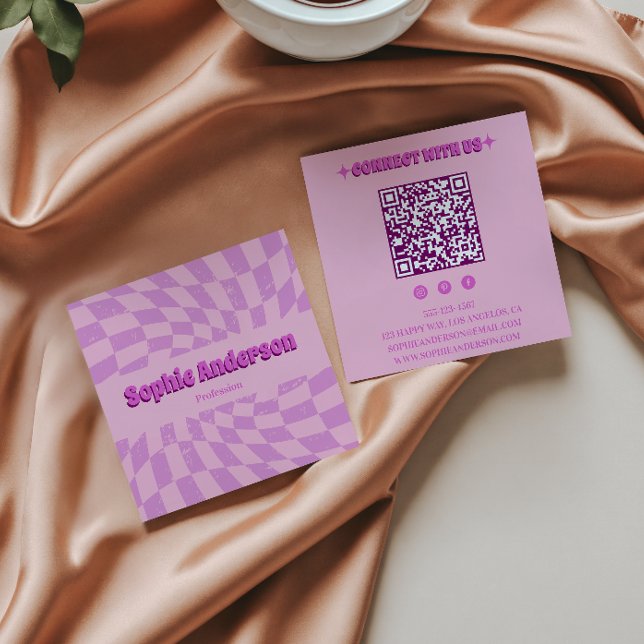 Pink Retro Groovy Wavy Chequered with QR Code      Square Business Card (Creator Uploaded)