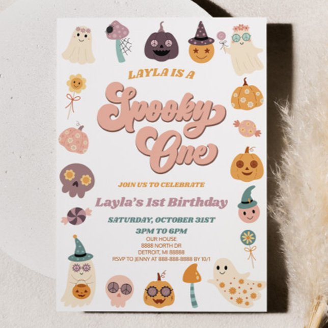 Pink Retro Halloween Spooky One 1st Birthday Party Invitation (Creator Uploaded)