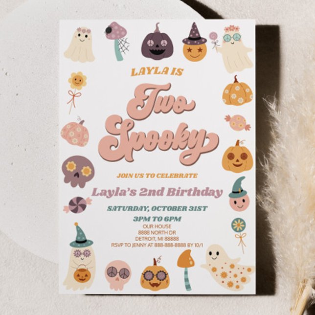 Pink Retro Halloween Two Spooky 2nd Birthday Party Invitation (Creator Uploaded)