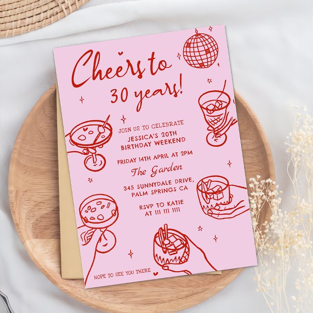 Pink Retro Hand Drawn Funky Birthday Party Invitation (Creator Uploaded)