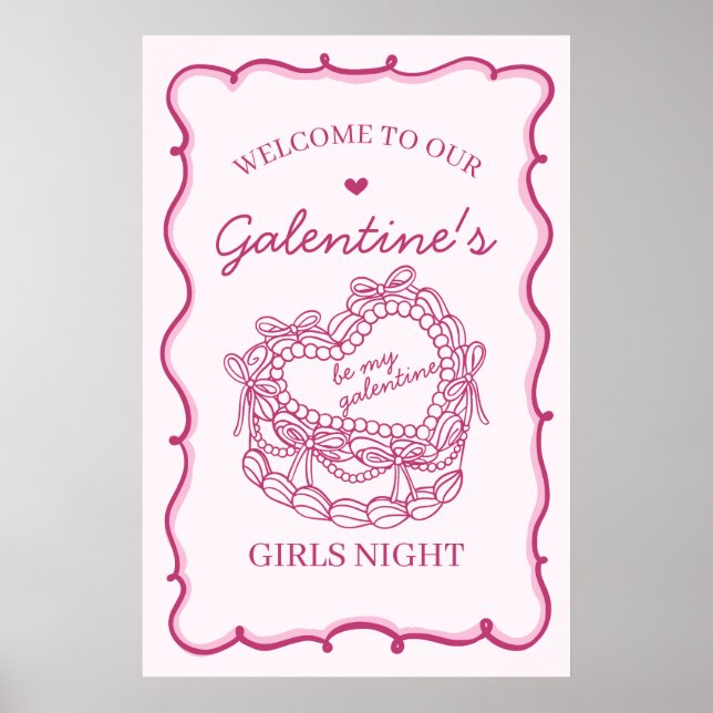 Pink Retro Heart Coquette Cake Galentines Welcome Poster (Front)