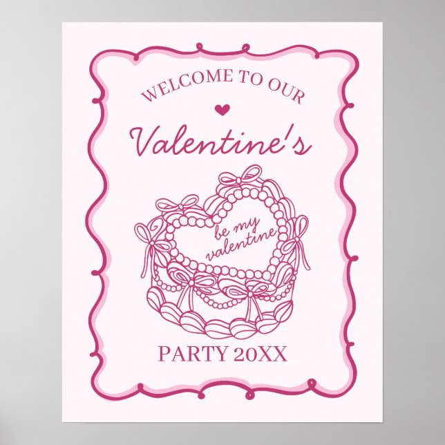 Pink Retro Heart Coquette Cake Valentine Welcome Poster (Front)