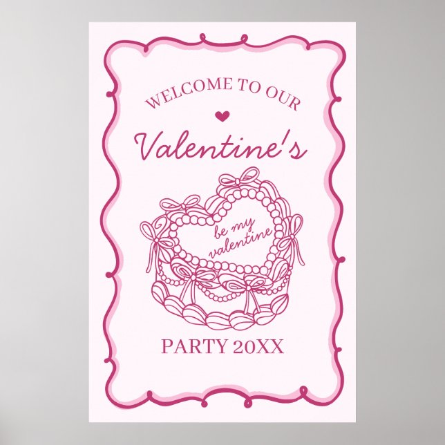 Pink Retro Heart Coquette Cake Valentine Welcome Poster (Front)