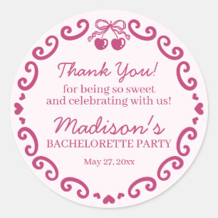 Pink Retro Heart Coquette Cherry Cake Bachelorette Classic Round Sticker