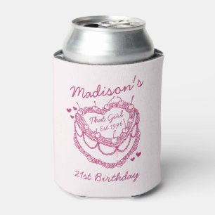 Pink Retro Heart Coquette Cherry Cake Birthday Can Cooler