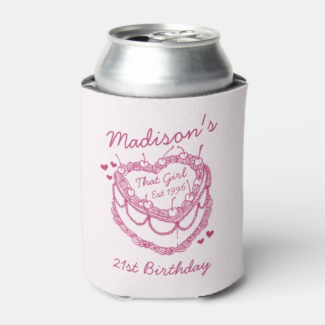 Pink Retro Heart Coquette Cherry Cake Birthday Can Cooler (Can Front)