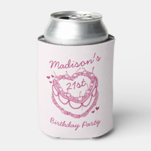 Pink Retro Heart Coquette Cherry Cake Birthday Can Cooler