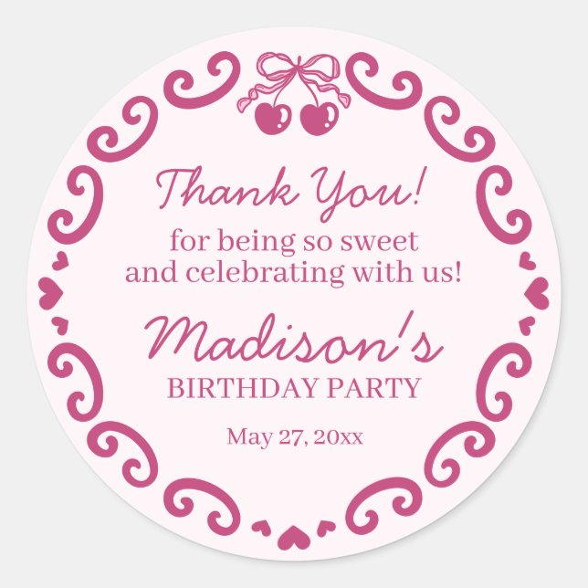Pink Retro Heart Coquette Cherry Cake Birthday Classic Round Sticker (Front)