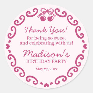 Pink Retro Heart Coquette Cherry Cake Birthday Classic Round Sticker