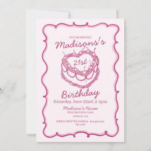 Pink Retro Heart Coquette Cherry Cake Birthday Invitation